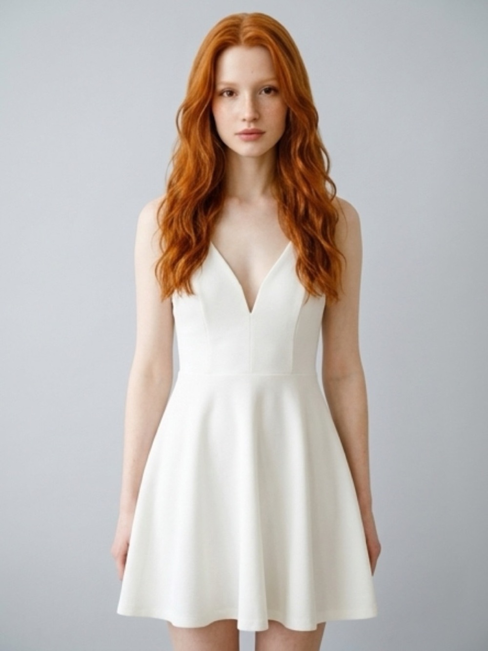 Elegant White V-Neck Skater Dress